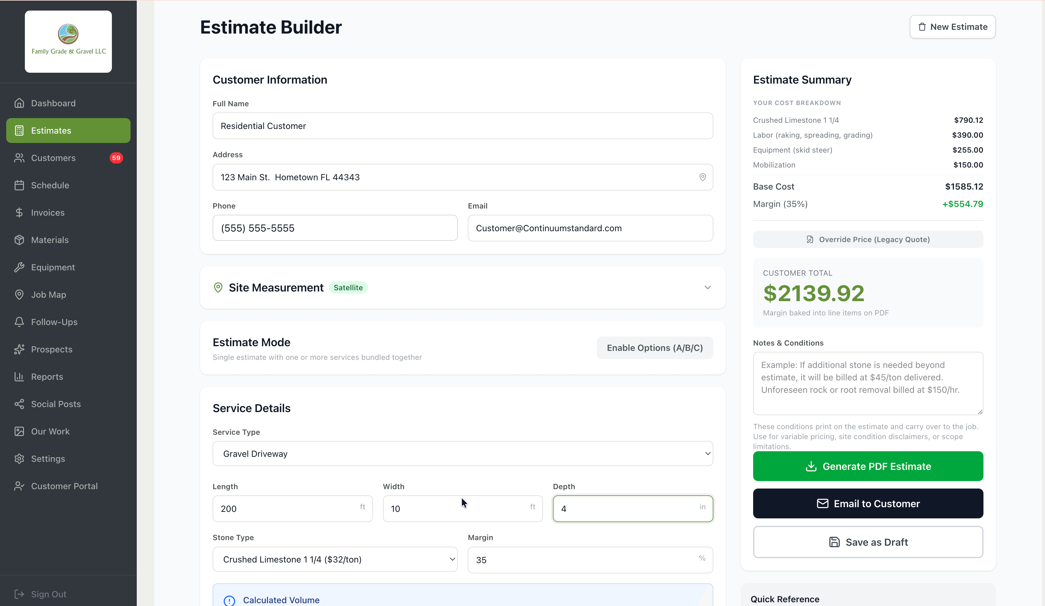 The Contractor Edition estimate builder, running live at Family Grade & Gravel.