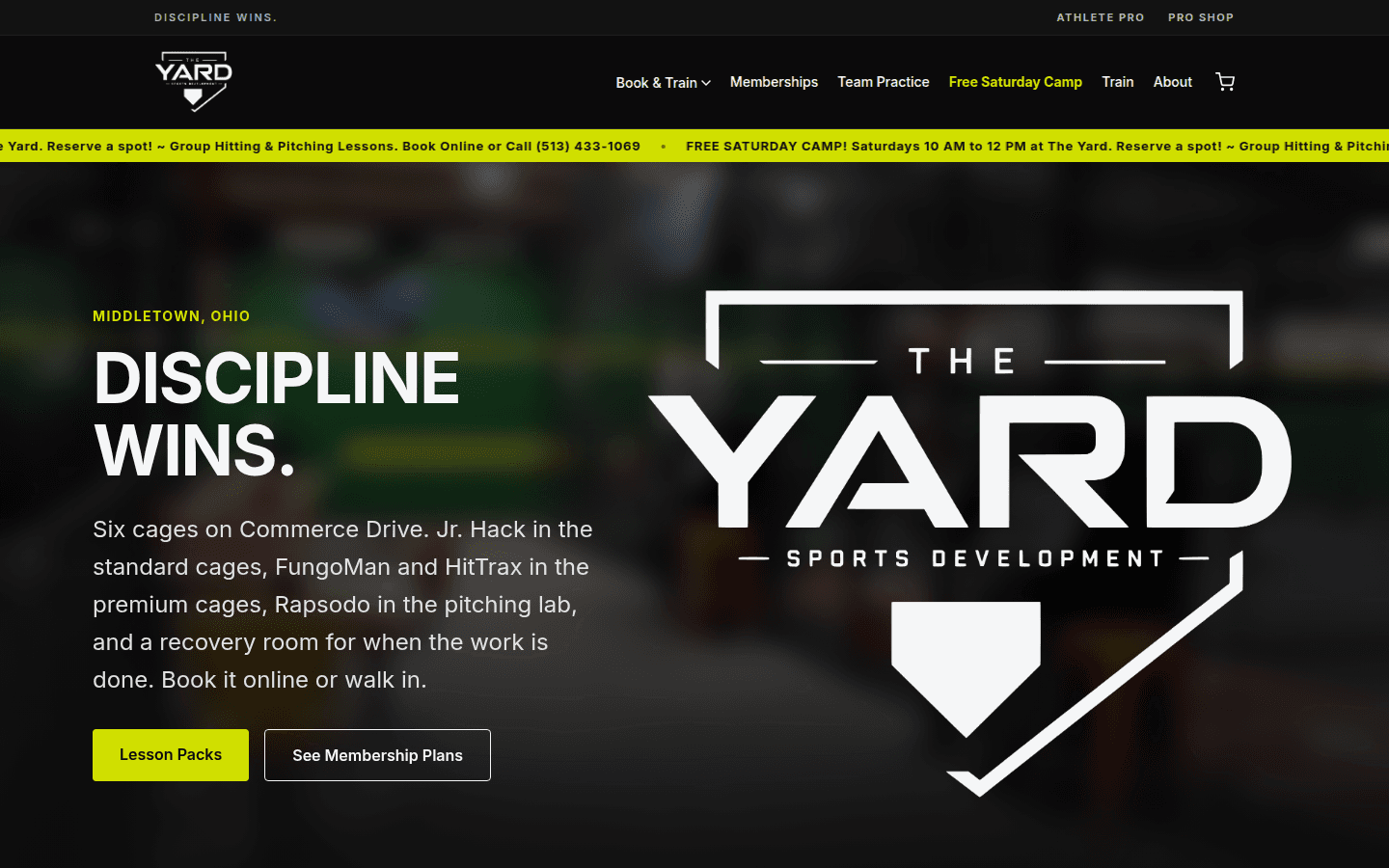 The Yard's public site: lessons, classes, rentals, memberships and camps, all served by the platform.